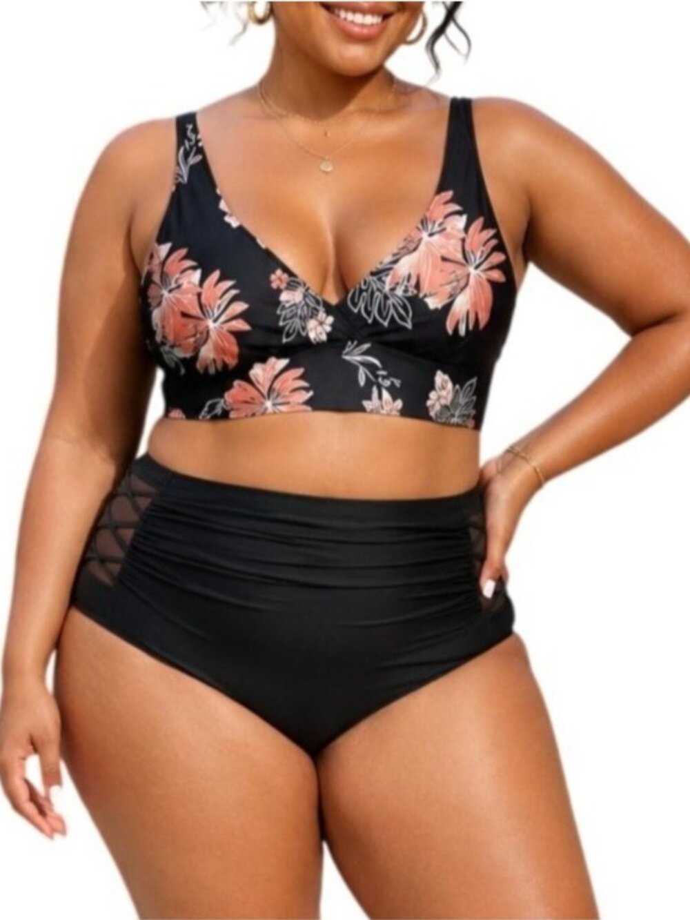 Yonique Plus Size 16W Bikini Two Piece Black Floral High Waisted Swimsuit